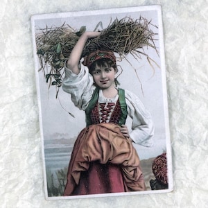 Cromo antiguo sin marca - Niña con un haz de leña - Tarjeta victoriana