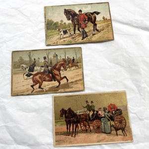 Conjunto de 3 cromos con caballos - Cartas victorianas francesas - Caballeros en París - Caza en la corte - Carruaje