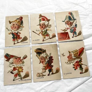 Conjunto de 6 cromos antiguos - "Pecados capitales" - Preciosos cromos vintage de finales del siglo XIX - Caricaturas antiguas