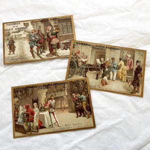 Década de 1890 - Conjunto de 3 cromos - Escenas de la vida a través de los siglos - Perfumería de la sociedad higiénica - Tarjetas comerciales victorianas - Tarjetas de París