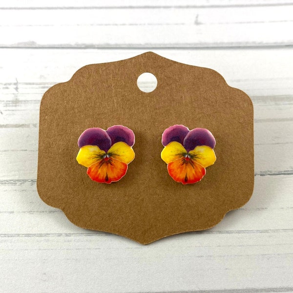 Pansy Earrings, Purple, Yellow, Orange Pansies Stud Earring, Floral Jewelry, Summer Flower Earrings, Botanical Jewelry, Nature Gift for Mom