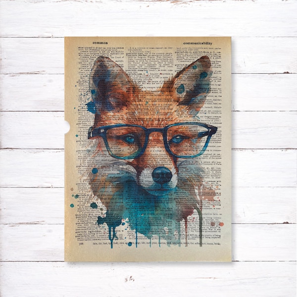 Fox Dictionary Print - Vintage Dictionary Art Print - Watercolor Fox Art Print - Fox With Glasses - Nerd Art - Wildlife Art Print - Recycled