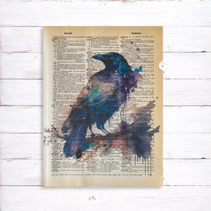 Crow Art Print - Vintage Dictionary Art Print - Watercolor Crow Print - Bird Art Print - Wildlife Art Print - Crow Wall Art - Recycled