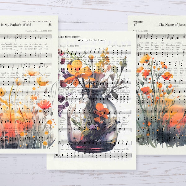 Floral Art Prints - Hymnal Page Art Print Set - Floral Watercolor Art Print - Upcycled Floral Christian Art Prints - Cottagecore