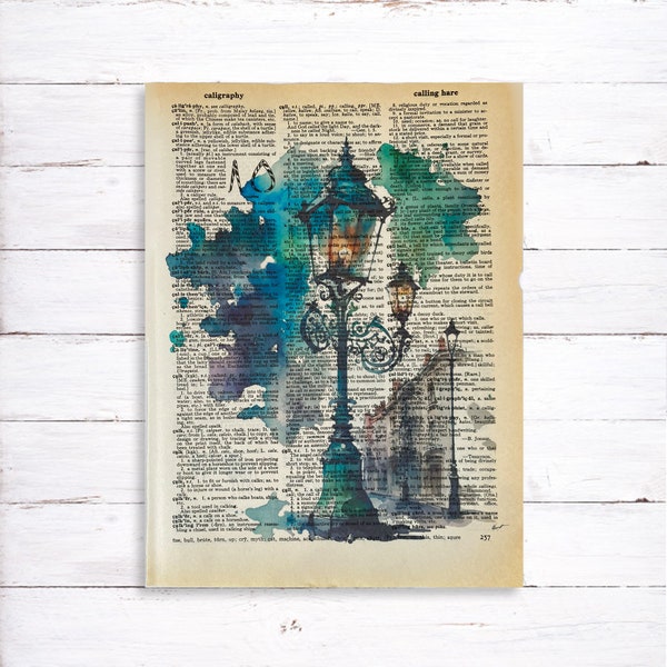 Lamppost Dictionary Print - Vintage Dictionary Art Print - Watercolor Lamppost Art Print - Victorian Art Print - Recycled