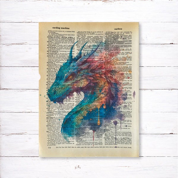 Dragon Art Print - Vintage Dictionary Art Print - Watercolor Fantasy Dragon - Fantasy Art - Fantasy Decor - Fantasy Artwork - Recycled