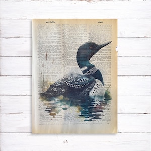 Loon Art Print, Vintage Dictionary Art Print, Wildlife Bird Illustration, Lake House Wall Decor, Lake Cottage Artwork, Bird Watcher