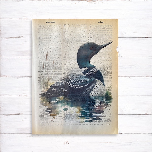 Loon Art Print, Vintage Dictionary Art Print, Wildlife Bird Illustration, Lake House Wall Decor, Lake Cottage Artwork, Bird Watcher