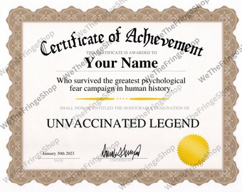 Certificado de Logro de Leyenda No Vacunada - Archivo Digital Personalizable