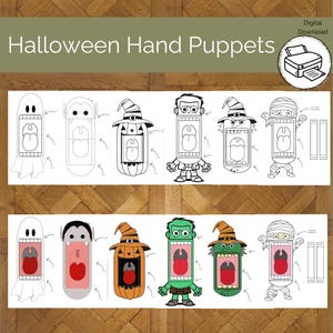 Halloween Hand Puppet, Classroom Crafts, Halloween Activities, Halloween Party, Printable Puppet, Dracula, Mummy, Frankenstein, Ghost, Witch