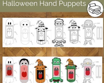 May include: Printable Halloween hand puppet templates featuring a ghost, vampire, pumpkin, Frankenstein, witch, and mummy. Each puppet has a large mouth that opens and closes when you move your hand. The templates are black and white and can be colored in.