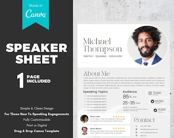 Speaker Sheet - One Page | For Beginners | Speaking Engagement | Canva Speaker Template | One Sheet | Professional