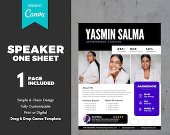 Speaker Sheet - One Page | For Beginners | Speaking Engagement | Canva Speaker Template | One Sheet