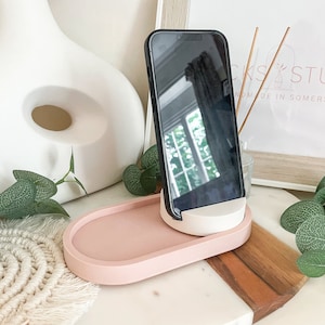 Handmade Jesmonite Oval Jewelry Dish with Phone Stand: Desk Organizer