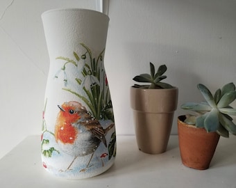 Robin and Snowdrops, Glass Vase hand painted and decoupaged gift.