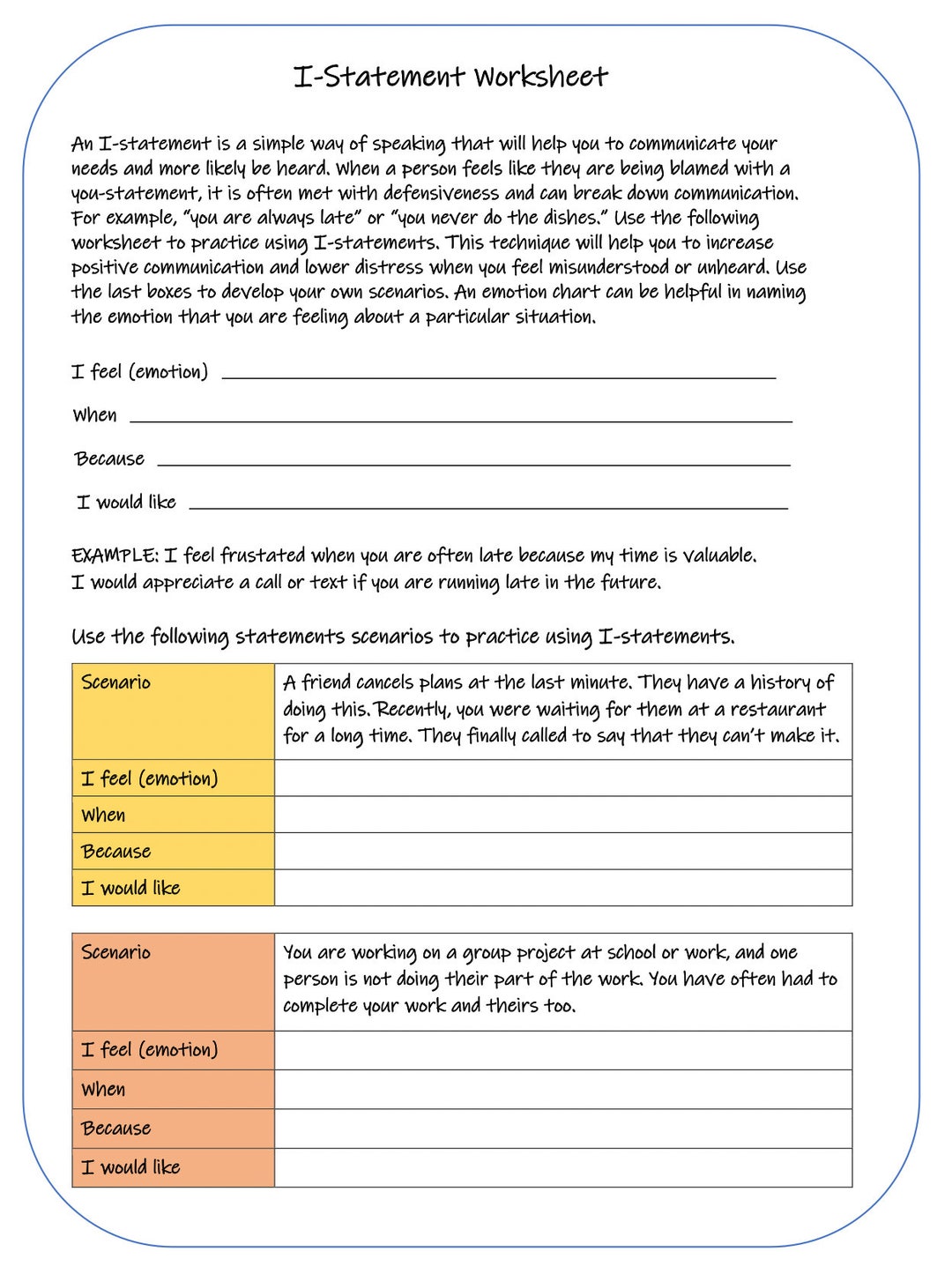 I-statement Worksheet Increasing Positive Communication - Etsy