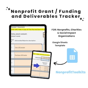 Op de afbeelding: Een Google Sheets-sjabloon voor het bijhouden van subsidies en financiering voor non-profitorganisaties. Het sjabloon bevat secties voor het totale subsidiebedrag, de naam van de subsidie, de beschrijving van de leverbare/doelstelling, de deadline, de dagen tot de deadline en de uitgaven per activiteit. Het sjabloon is ontworpen voor non-profitorganisaties, liefdadigheidsinstellingen en organisaties met sociale impact.
