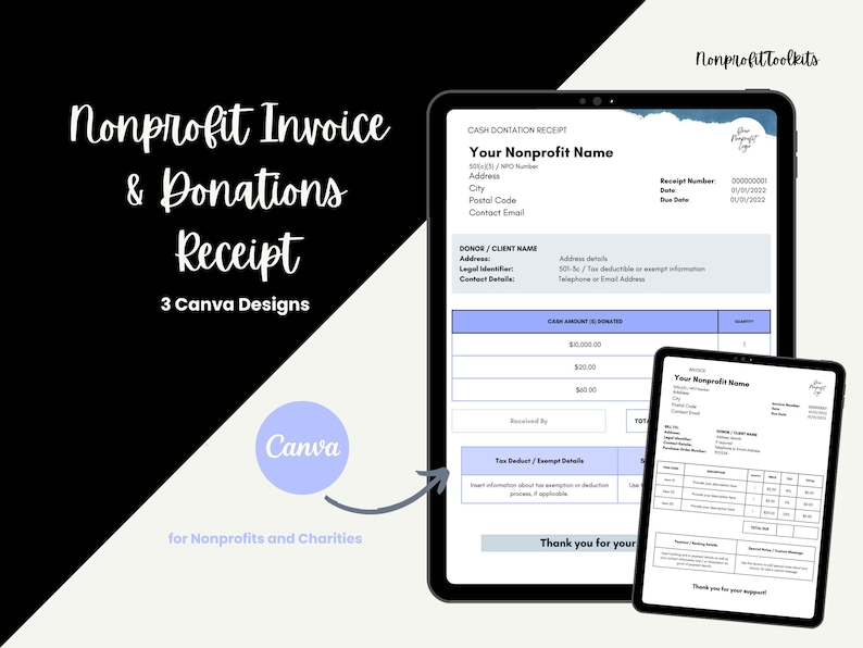 Nonprofit Invoice and Donations Receipt Templates / Charity - Etsy