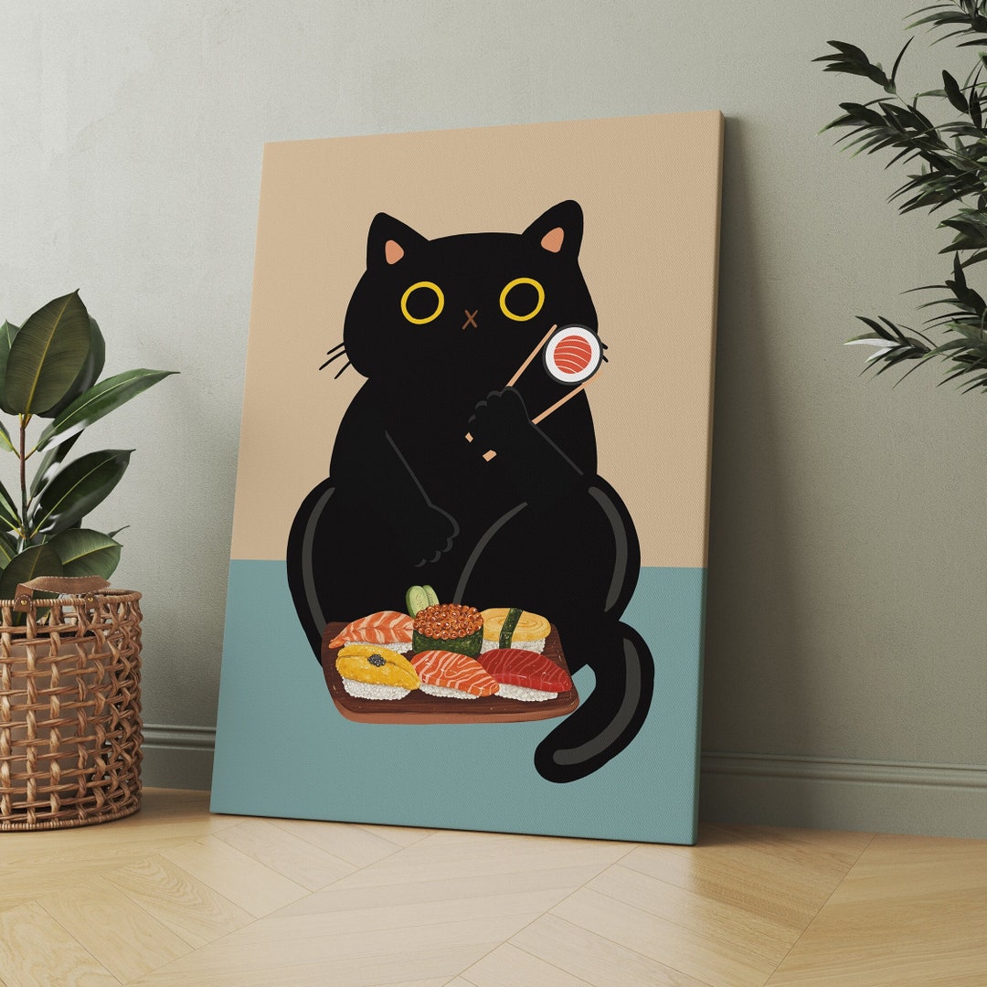 Black Cat Print Sushi Lover Print Watercolor Painting Wall Art Sushi ...