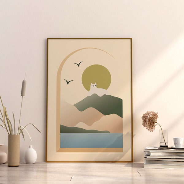 Contemporary Cat Digital Print Mountain cat  The Moon Boho Cat Funny Silly Fat Cat Wall Decor Minimalist Bedroom Nuetral Color Downloadable