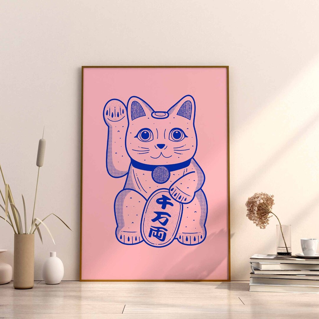 Blue Cat Print Maneki Neko Lucky Cat Print Cat Art Lucky Gift Cat Lover