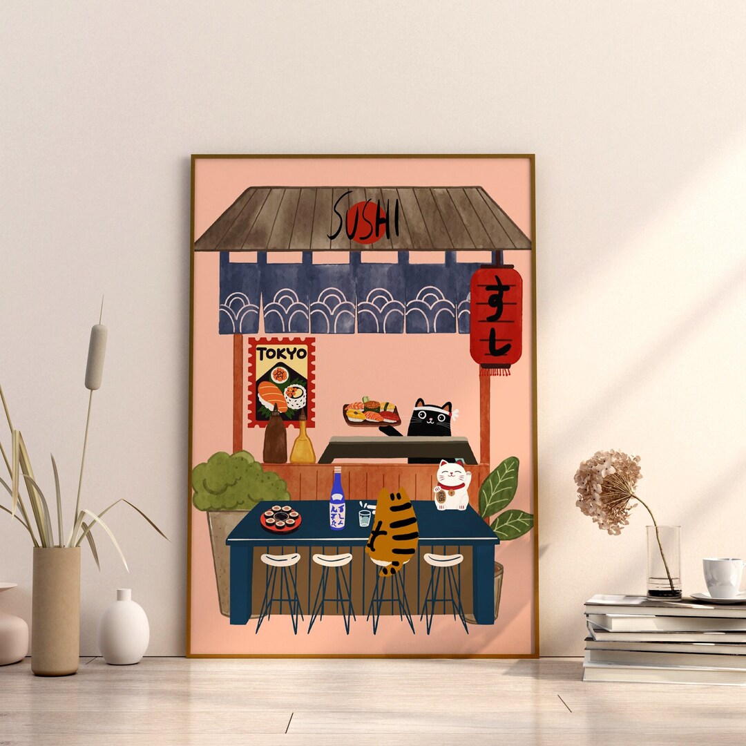 Japanese Cat Chef Unique Gift Maneki Neko Piece of Sushi Black Cat ...