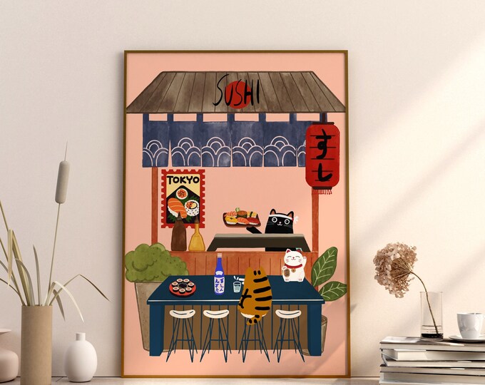 Japanese Cat Chef Unique Gift Maneki Neko Piece of Sushi Black Cat Print Poster Sake Ramen Noodles Illustrattion kitchen Art Unframed Decor