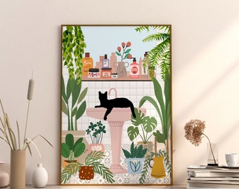 Botanical Bathroom print House Plant and Black Cat lover Art Print Plant poster Cat Art Print Toilet Cat and Plant Poster for plant lover