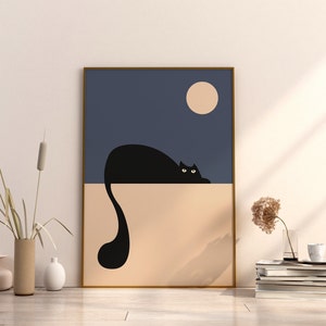 Contemporary Cat Digital Print Watching The Moon Boho Cat Funny Silly Fat Black Cat Wall Decor Minimalist Bedroom Nuetral Color Downloadable