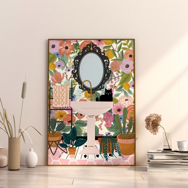 Flor Tropical Rosa Baño Botánico Bañera Impresión Monstera Geo Azulejo Marroquí Baño Decoración Cartel Planta Amante Regalo Interior Arte Colorido