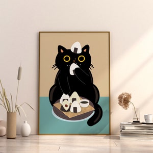 Black Cat Print Sushi Lover Print Watercolor Painting Wall Art Sushi Cat Art Print Kitchen Art Cat Print Wall Decor Artwork Print Unframed