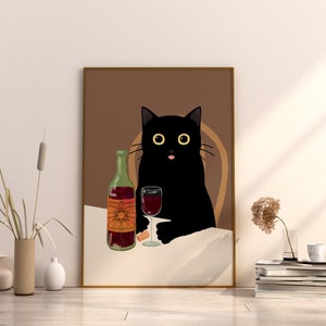 Wein Katze Art Print Schwarze Katze Druck Wein Katze Illustration Lustiger Katzen Druck Weinliebhaber Druck Cocktail Katze und Weinglas für Katzenliebhaber Wandkunst