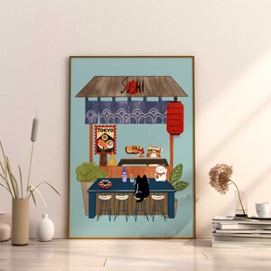 Japanese Cat Chef Custom Cat Unique Gift Maneki Neko Piece of Sushi Print Poster Sake Ramen Noodles Illustrattion kitchen Art Unframed Decor