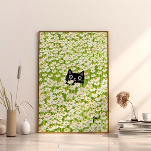 Cute Daisy Flower Cat Poster Black Cat Art Floral Print Cat Gift Home Decor Vertical Poster Gustav Klimt Garden Cat Print Green 8x10 16x20