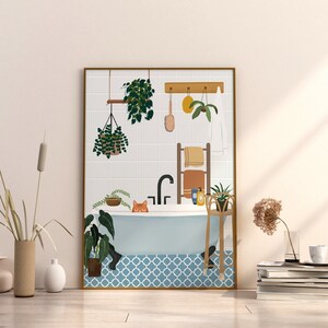 Minimal Botanical Bath tub print Bathroom House Plant and Black Cat Art Print Plant and Cat Art Print Cat lover Plant Poster Geo Tile Prints