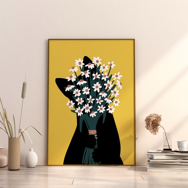 Beautiful Wall Art of black Cat Holding Daisy Flower Living Room print Cat Poster Boho Plants Print Wall Art Cat Wall Printable Cat Wall Art