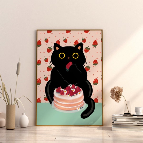 Strawberry Cat Print Cake Dessert Wall Art Colorful Wall Art Abstract Wall Art Printable Art Living Room Print Pink Art Print Short Cake Art