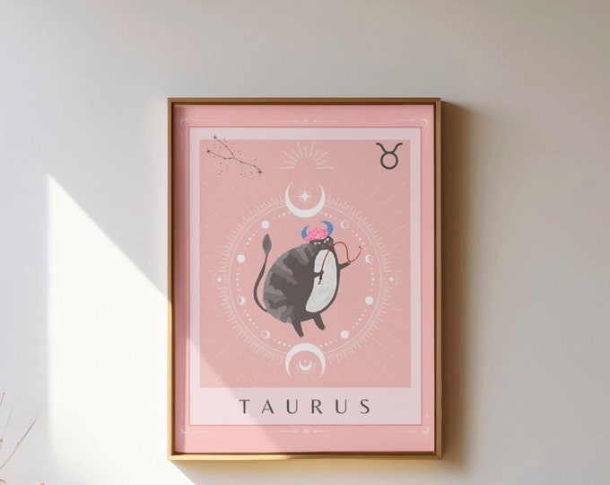 Original Zodiac Cat Taurus Print Birthday Gift Mystical Art Neutral Decor Astrology Star Sign Decor Celestial Print Gift for Best friend