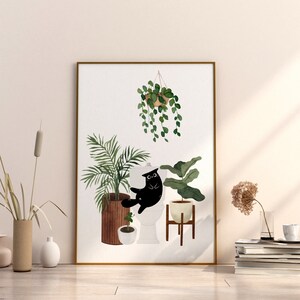 Modern Watercolor bathroom Cute Black Cat Print Cat Plant Poster Indoor Botanical Wall Art Decor Toilet Funny Cat Artwork Cat Lover Gift