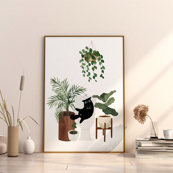 Modern Watercolor bathroom Cute Black Cat Print Cat Plant Poster Indoor Botanical Wall Art Decor Toilet Funny Cat Artwork Cat Lover Gift