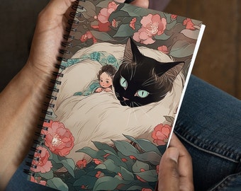 Couple Cat and Black Hair Girl Japanese style Girl and White Cat Spiral notebook Sakura Cherry Blossom Bloom Spring Gift Fantasy Journal