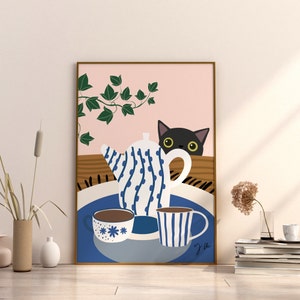 Teacups Art Print Blue And White Black Cat Painting Chinoiserie Wall Art Poster Tea Art Gift For Tea Lovers Vintage Tea Cups Kitchen Print