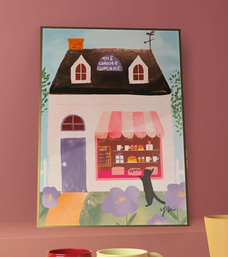 Cute Cat Print Dessert Bakery Printable Nursery Art Cat Drawing Wall