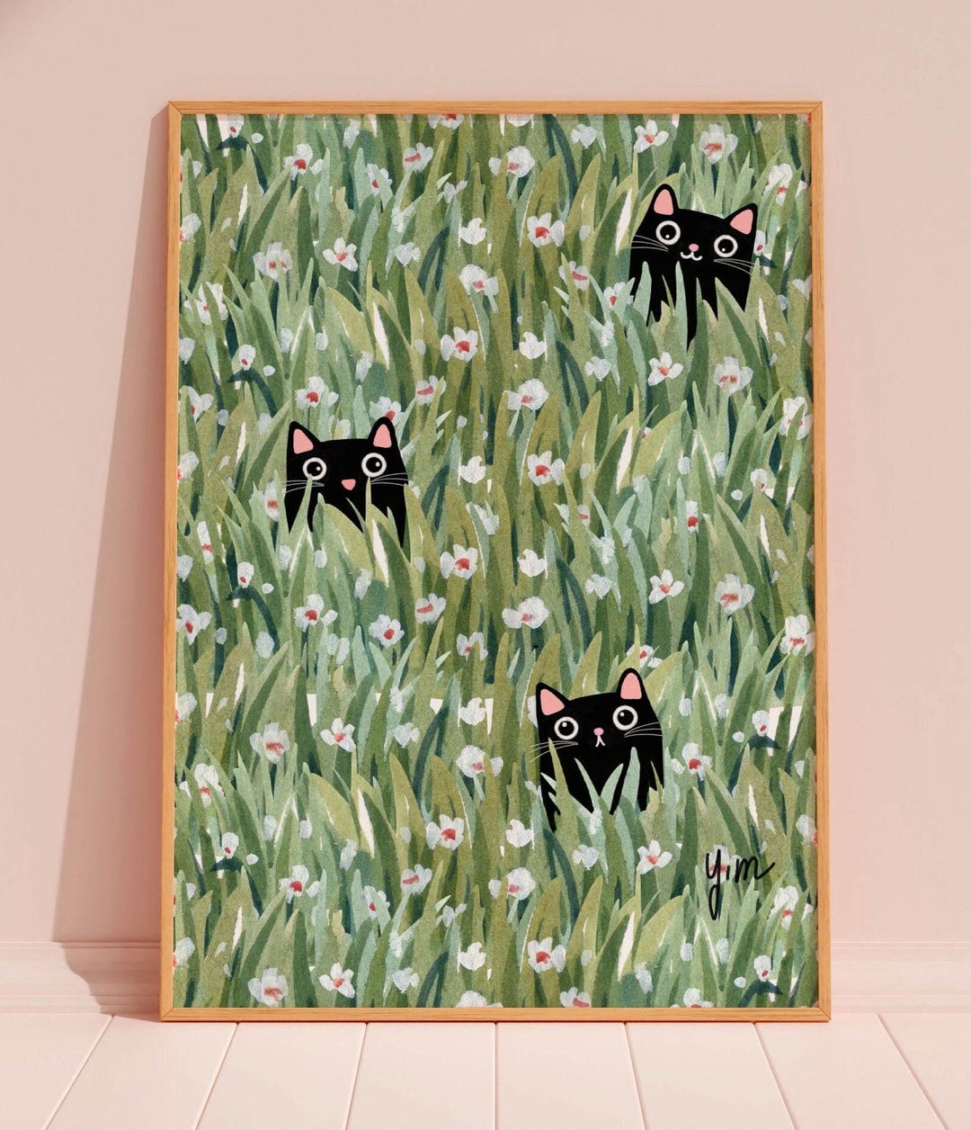 Cute Daisy Flower Cat Poster Black Cat Art Floral Print Cat Gift Home ...