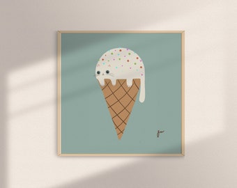 Ice cream cat Summer dessert wall art Popsicle print Nursery art Kitchen Colorful Gauche Painting Giclee Ice cream cone Gelato Kidsroom Art