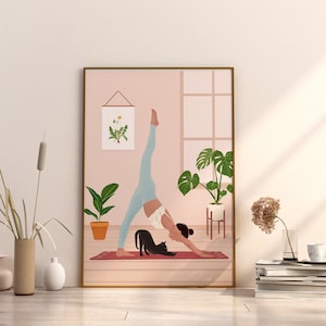 yoga cat and Woman Print cat print yoga print black cat art for cat lovers gift yoga room wall decor yoga lover funny cat art Woman Yoga