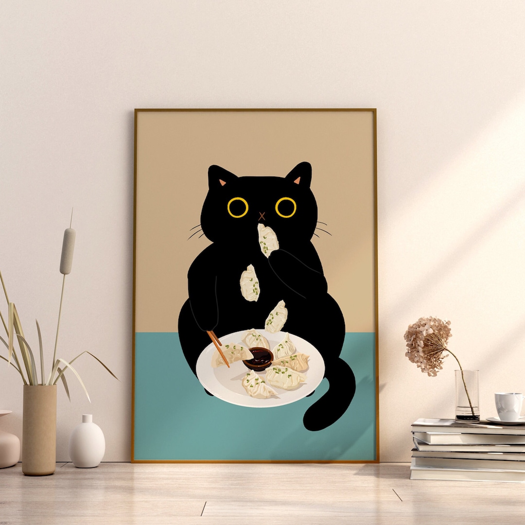 Dumpling Wall Art Black Cat Print Dim Sum Poster Wall Art Digital File
