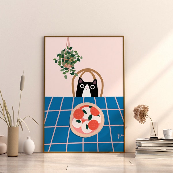 Margherita Pizza Cat Digital Printable Wall Art Whimsical Pizza Cute Funny Tuxedo Cat Poster Kitchen Decor Bakery Pizza Store Wall Artwork