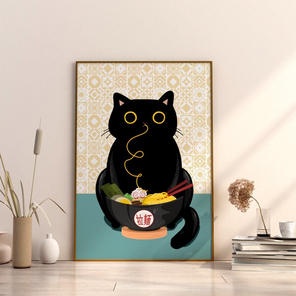 Digitale Ramen Katze Druck schwarze Katze Essen Noodle Malerei Katzenliebhaber Geschenk Katze Dekor Noodle Wandkunst für Katze Malerei Food Wall Art Ungerahmt