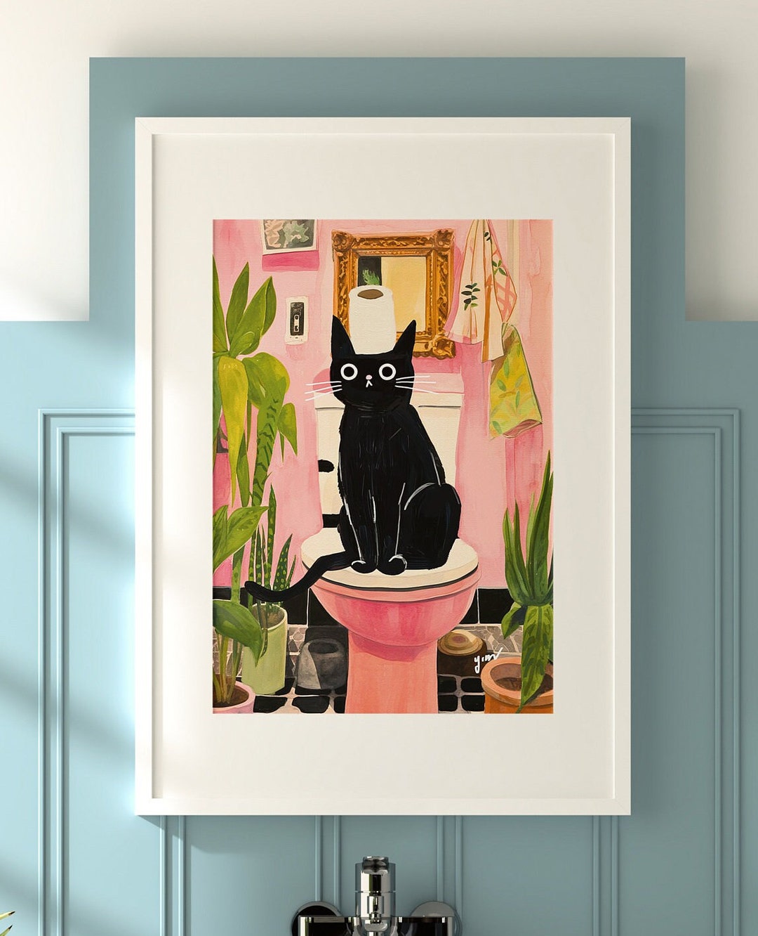 Botanical Bathroom Black Cat in Bathtub Printed Poster Unique Wall Art ...